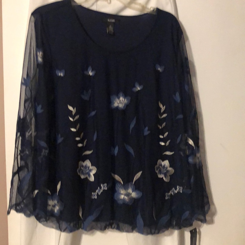 ALFANI Blue Grow Floral Sheer Blouse NWT